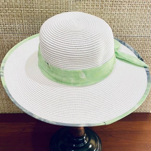 🌟HP🌟NWOT White & Lime Green Paper Straw Hat UPF 50+ by Sun N Sand Adjustable - Picture 7 of 9